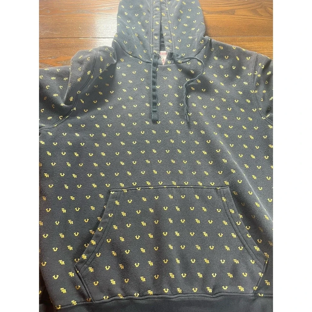 Y2K Style True Religion All Over Print Horseshoe Logo Hoodie Black Gold Medium